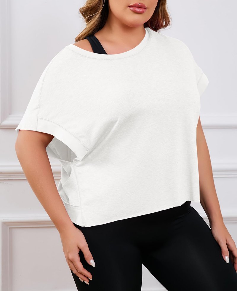 Fisoew Womens Plus Size Open Back Workout Tops Backless Short Sleeve Athletic Shirt Running Crop Top Gym Yoga T-Shirt White