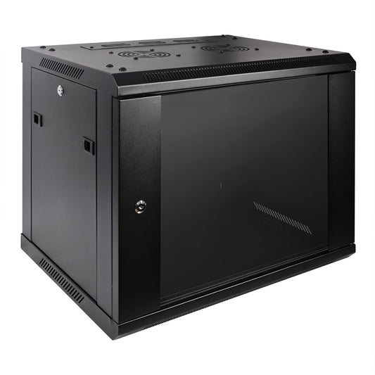 RackPath 9U Professional Wall Mount Server Cabinet Network Rack Enclosure with 2X Quiet Cooling Fan, 1x Brush Cable Management Panel, Black