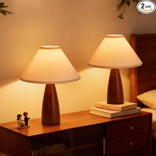 2 Pack Bedside Table Lamp for Bedroom,Mid-Century Modern Plug in Fabric Shade & Solid Wood Base Desk Lamp,Plug & Play Warm Brown Nightstand Lamp for Living Room,Office,Switch Power Cord【Bulb Included】