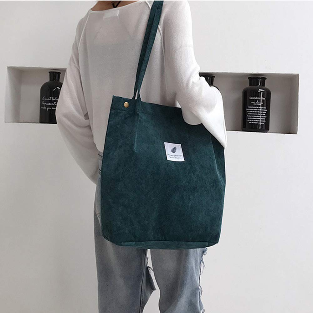 Funtlend Cord Bag Womens Large Corduroy Tote Bag Women Shoulder Handbags for School Shopping Work College Casual (Green)