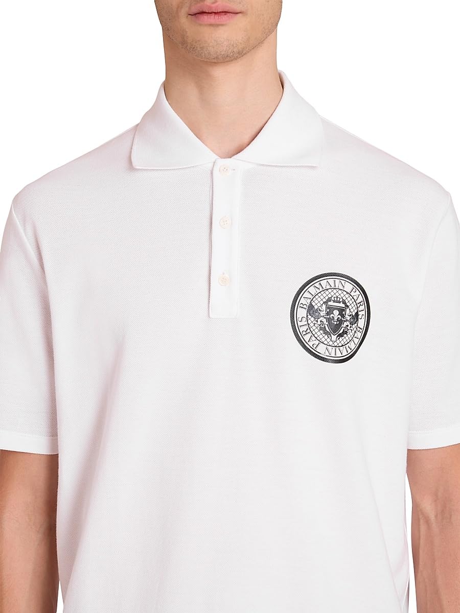 Balmain, Small Coin Cotton Polo Shirt, Medium, Blanc Noir