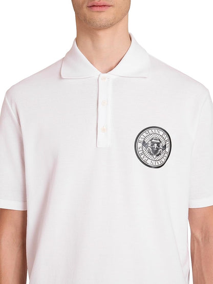 Balmain, Small Coin Cotton Polo Shirt, Medium, Blanc Noir