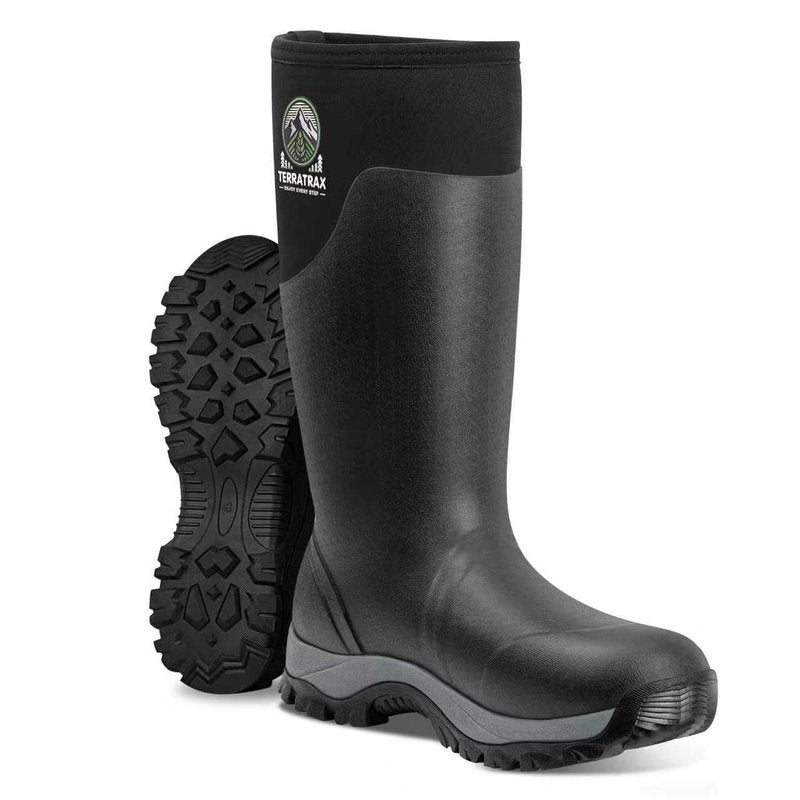 TerraTrax Men's Waterproof Insulated Rubber Hunting Boots – 6mm Neoprene Rain Boots for Outdoor Work, Fishing, Farming & Gardening Black Size 8