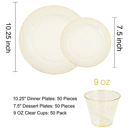 DaYammi 350 Pieces Gold Glitter Dinnerware Set 50 Guest for Party- 50 Dinner Plates, 50 Dessert Plates -50 Per Rolled Napkins with Gold Cutlery - 50 Disposable Cups 9 OZ