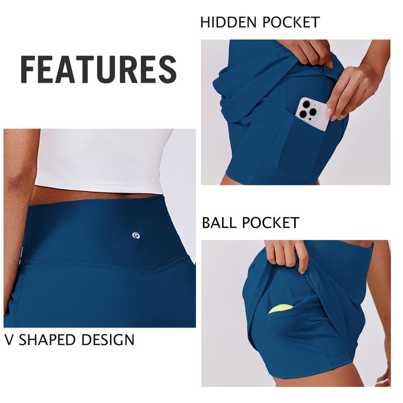 PINSPARK Women Tennis Skirts High Waisted Athletic Skorts Quick Dry Golf Skirt Lightweight Workout Skort with Pockets Shorts, Dark Blue Large