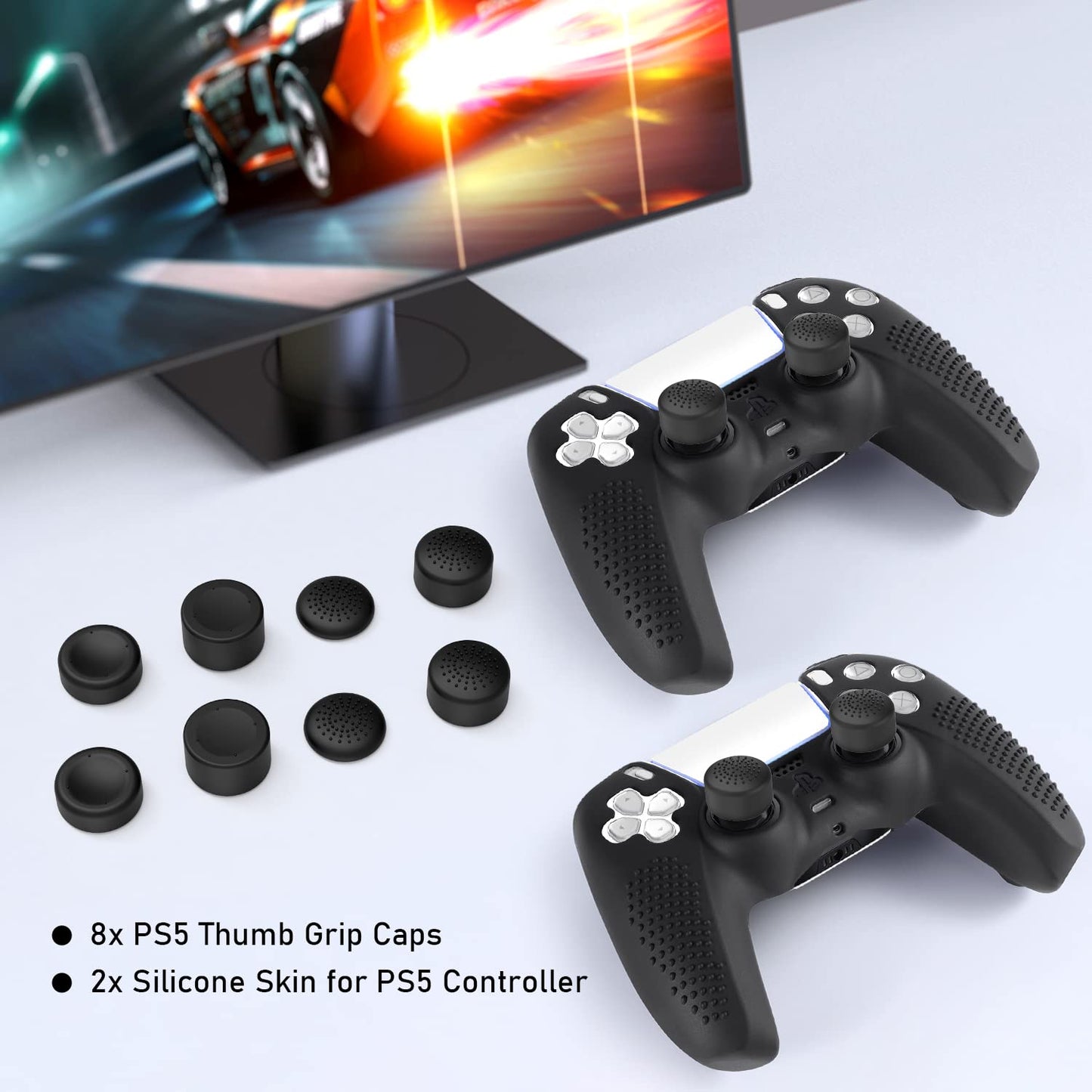 FAMOMI PS5 Controller Skin, Anti-Slip Soft Silicone Protective Cover Case for PlayStation 5 Controller Grip Accessories, 2 Pack with 8 x Thumb Grip Caps (Black&Black)
