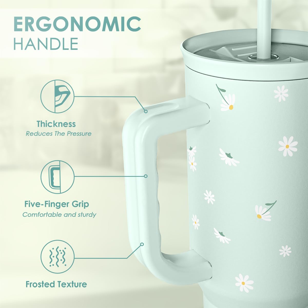 Daisy 40oz Tumbler with Handle and Straw – Flower Insulated Stainless Steel Travel Coffee Mug for Women Girls - Gift Idea for Birthday Christmas Mothers Day