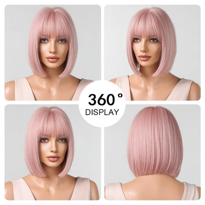 OUFEI Pink Bob Wig With Bangs Short Straight Wig For Women Synthetic Hair Wigs for Daily Party Cosplay Wear