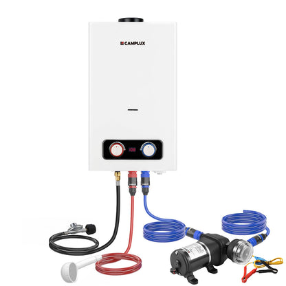 CAMPLUX Portable Propane Water Heater 2.64 GPM, Camping Water Heater with 3.3 GPM Water Pump Kit & Pipe Strainer, 68,000 BTU, BD264P120