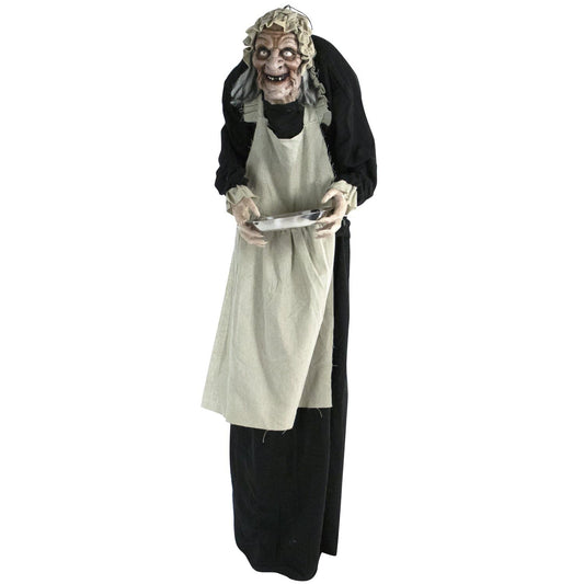 Haunted Hill Farm Life-Size Halloween Animatronic, Scary Talking Zombie Maid with Touch Activated Lights and Sounds, Battery Operated Indoor or Covered Outdoor Halloween Decorations for Home