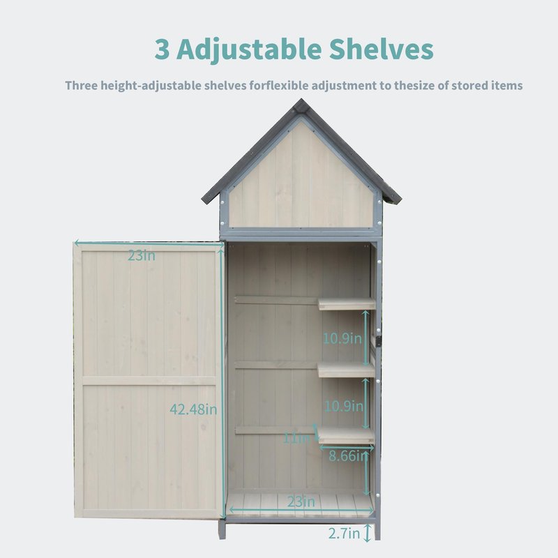 Outdoor Storage Shed with Floor, 68" Tall Wooden Garden Tool Cabinet, Metal-Framed Outdoor Tool Shed with Adjustable Shelves, Vertical Storage for Yard and Patio