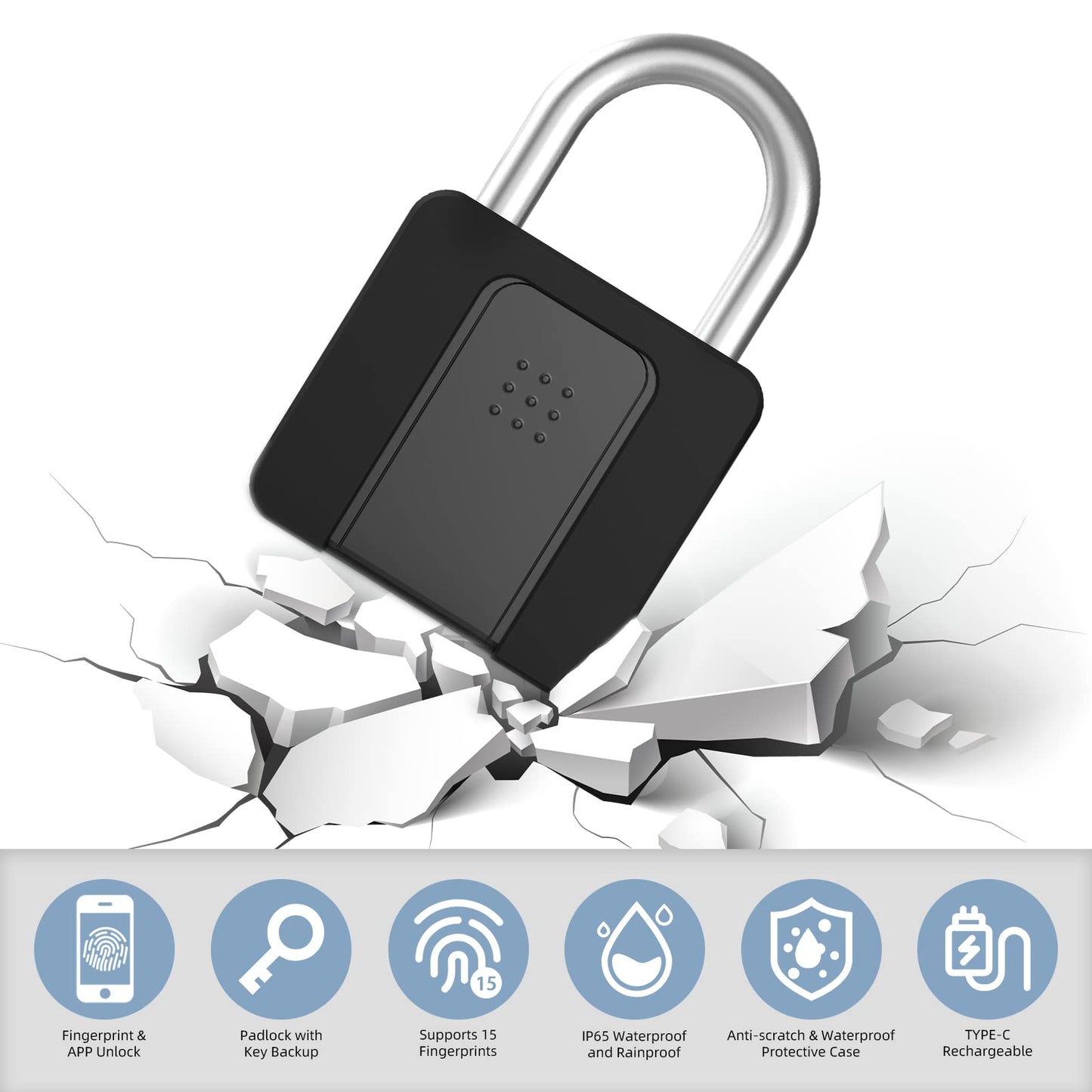 Fingerprint Padlock, Eseesmart Large Size Smart Padlock, Outdoor Waterproof Bluetooth Fingerprint Lock with Mobile APP and Keys, Suitable for Gates, Lockers, Fences, Gym