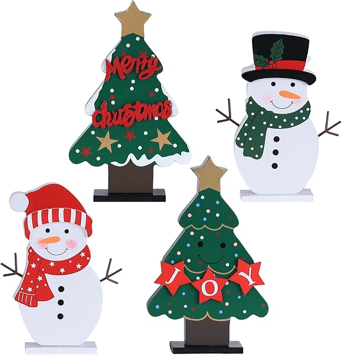 DECSPAS Christmas Decorations Indoor, 4 PCS Wood Christmas Trees & Snowmen for Centerpiece Table Decorations, Wooden Tiered Tray for Xmas Decor, Home, Winter, Tabletop, Mantel, Shelf, Gifts