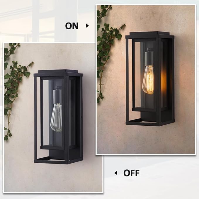 Cerdeco 14” Modern Outdoor Wall Sconce with Rectangular Metal Frame and Transparent Glass Shade,Black Outdoor Lighting for Garage Porch Patio Pack of 2