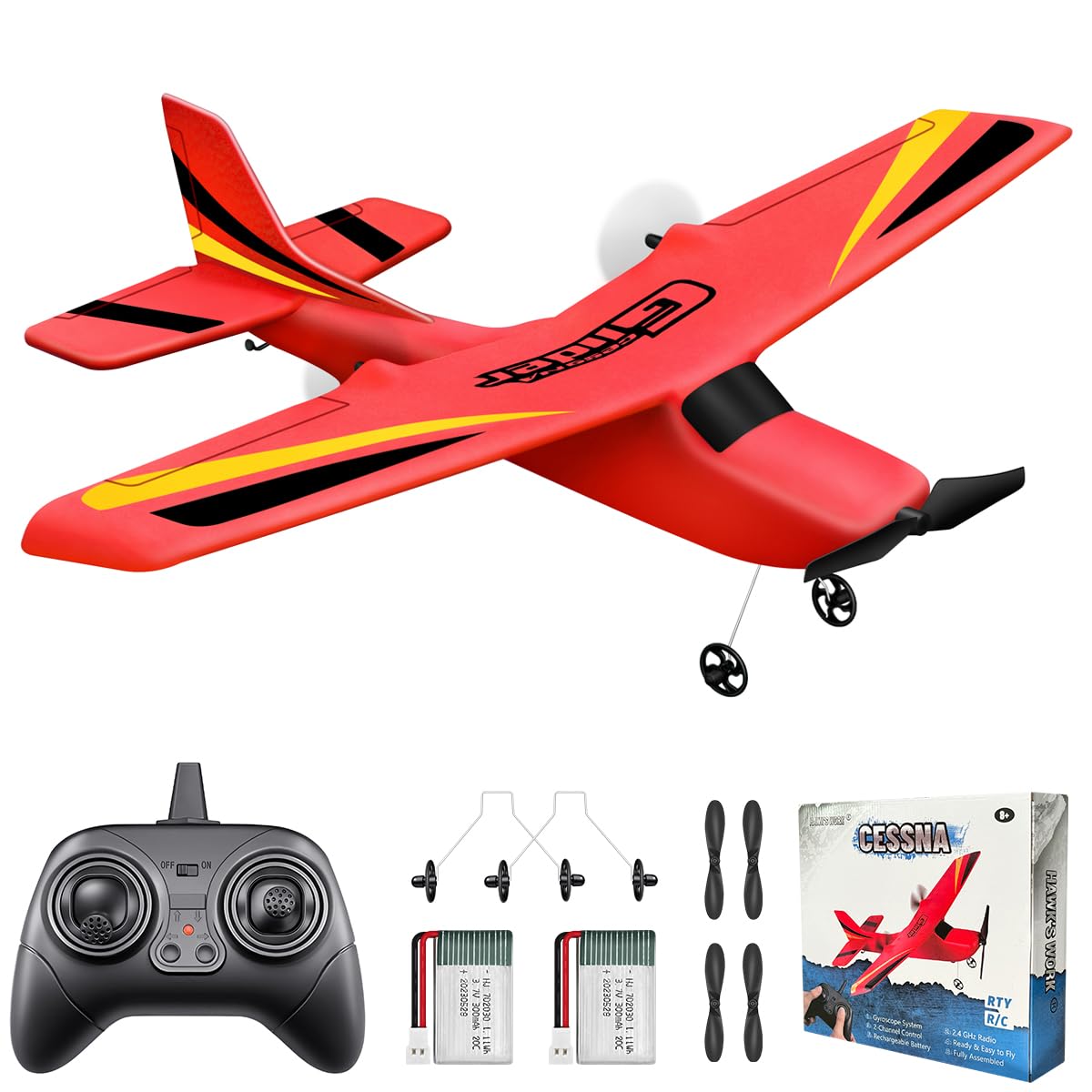 HAWK'S WORK 2 Channel RC Airplane, RC Glider Ready to Fly, 2.4GHz Remote Control Cessna, Easy to Fly RC Toy for Kids & Beginners (Red)