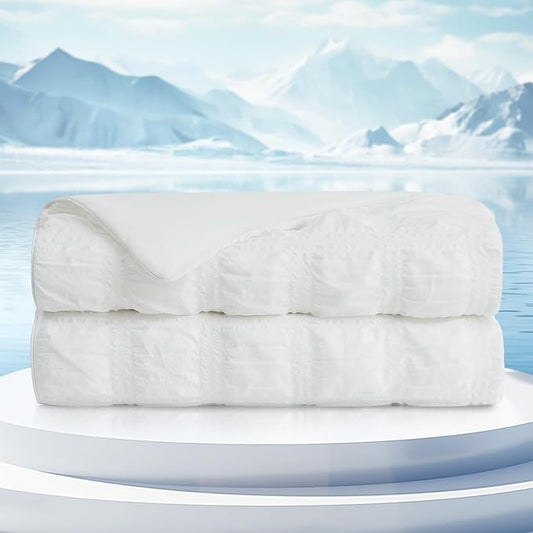 Cozy Bliss Cooling Comforter Twin Size Seersucker Plaid, Q-Max 0.4 Reversible Lightweight Cooling Blanket, Breathable Silk Smooth Summer Bedding Quilt for Hot Sleepers Night Sweats White