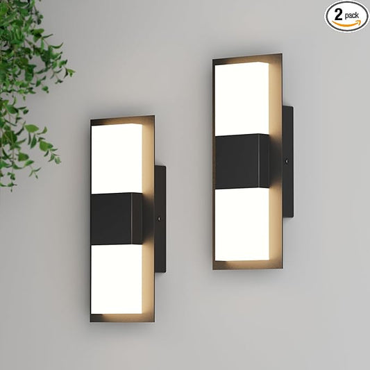 12inches Modern Outdoor Led Wall Light,30W 3000K Porch & Patio Hardwired Sconces with White Clear Acrylic Lampshade,IP65 Waterproof Aluminum Wall Lamp for Garage House Exterior(Black,2Pack)