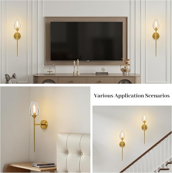 Gold Glass Wall Sconce Light: Modern Decorative Sconces Lights Over Mirror - Vintage Brushed Brass Bathroom Vanity Lighting with Flower Shade - Indoor Glass Wall Mount Lamp for Bedroom Living Room