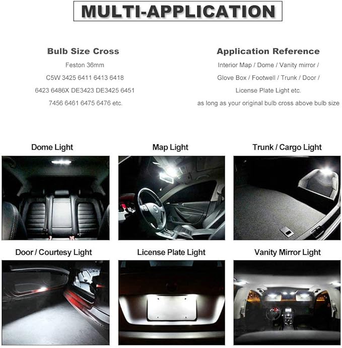 12V 36MM Festoon 6418 DE3423 DE3425 6000K White Extra Bright LED Bulbs for Car Interior Lights License Plate Map Dome Trunk Door Courtesy Light 8-SMD Chipset Canbus Error Free