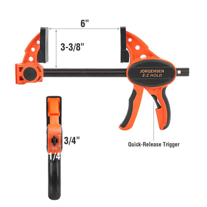 Jorgensen 6" One Hand Clamp/Spreader, 300 Lbs Clamping Force, E-Z Hold Bar Clamps Set, Medium Duty, 2-pack