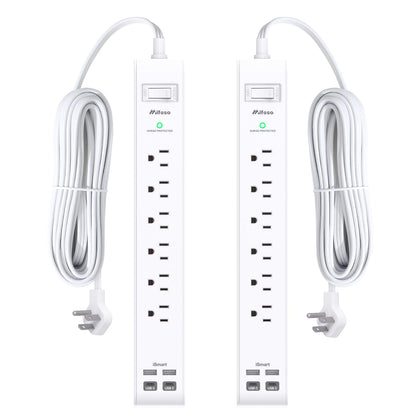 2 Pack Power Strip, 12FT Long Extension Cord, Surge Protector with 6 Outlets and 4 USB Ports (2 USB C), Flat Plug Overload Protection, Extension Cord 10+ ft, Wall Mount for Home Office Dorm College