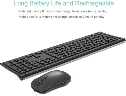 Arteck 2.4G Wireless Keyboard and Mouse Combo Stainless Steel Ultra Slim Full Size Keyboard and Ergonomic Mice for Computer Desktop PC Laptop and Windows 10/8/7 Build in Rechargeable Battery