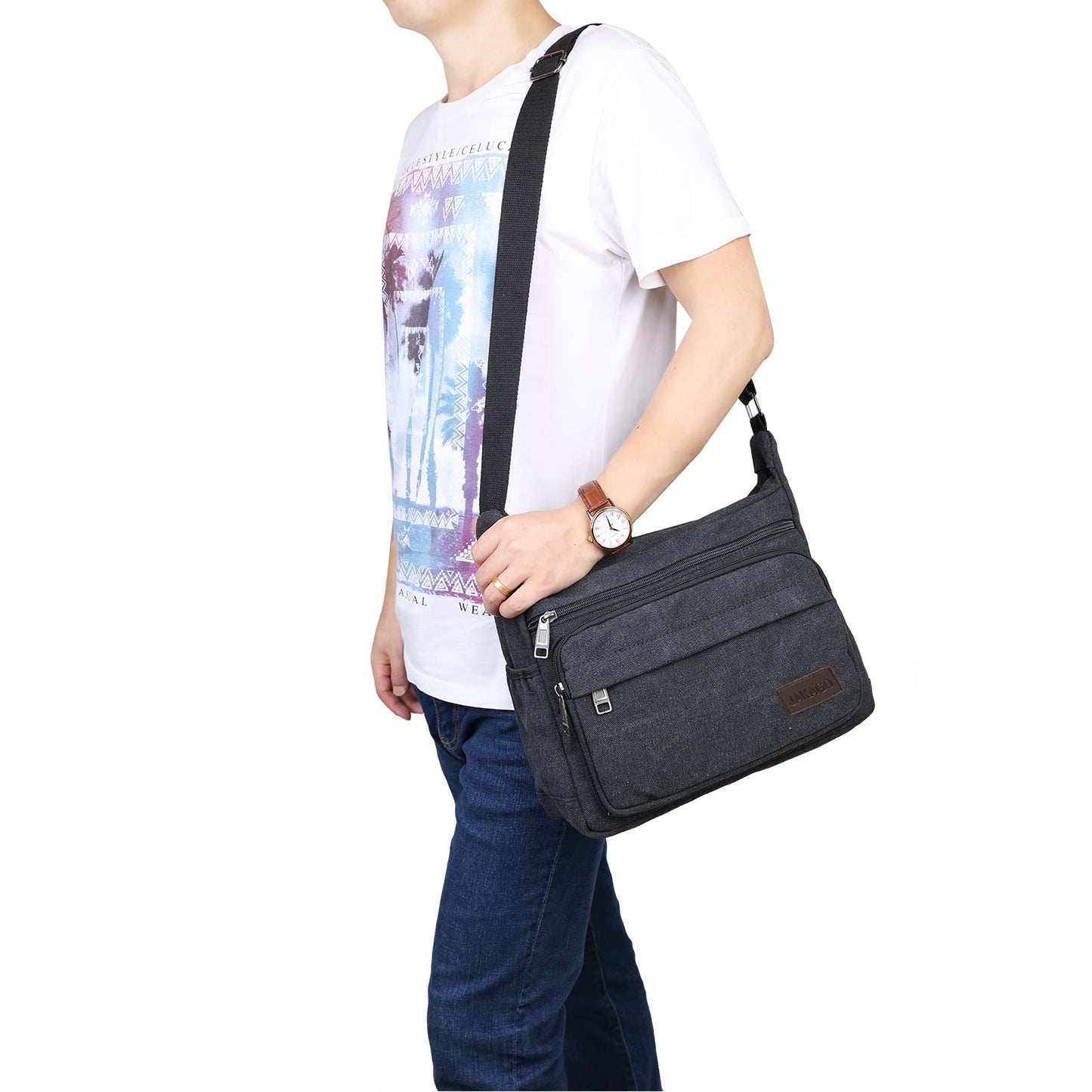 JAKAGO Messenger Shoulder Bag 13 Inch, Multi Pockets Canvas Crossbody Bag for Men/Woman,Casual Lightweight Satchel for Travel Outdoor Hiking Working Daily Use (Black)
