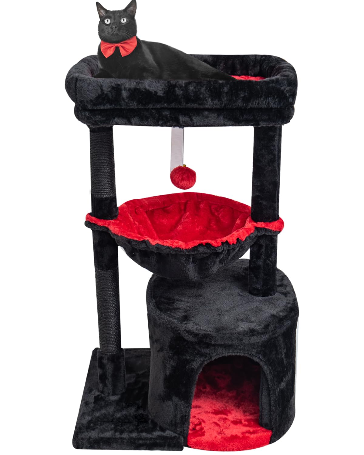 SYANDLVY Gothic Cat Tree with Coffin Bed for Indoor Cats, Small Cat Tower with Scratching Post, Modern Activity House Condo with Cradle, Kittens Cave, Black & Red