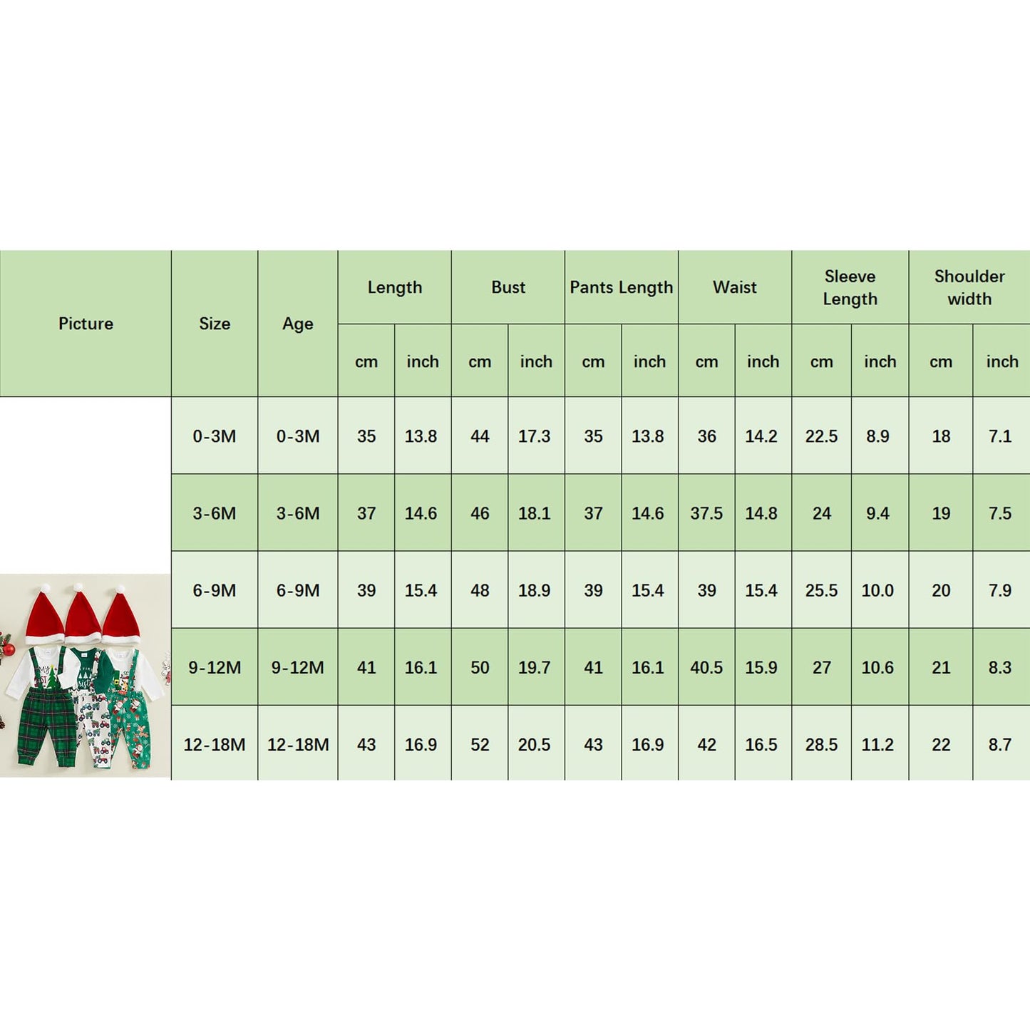 BeQeuewll Christmas Newborn Baby Boy 3PCS Clothes Set Infant Long Sleeve Romper Cute Pattern Suspender Pants Overalls Outfits (Green, 9-12 Months)