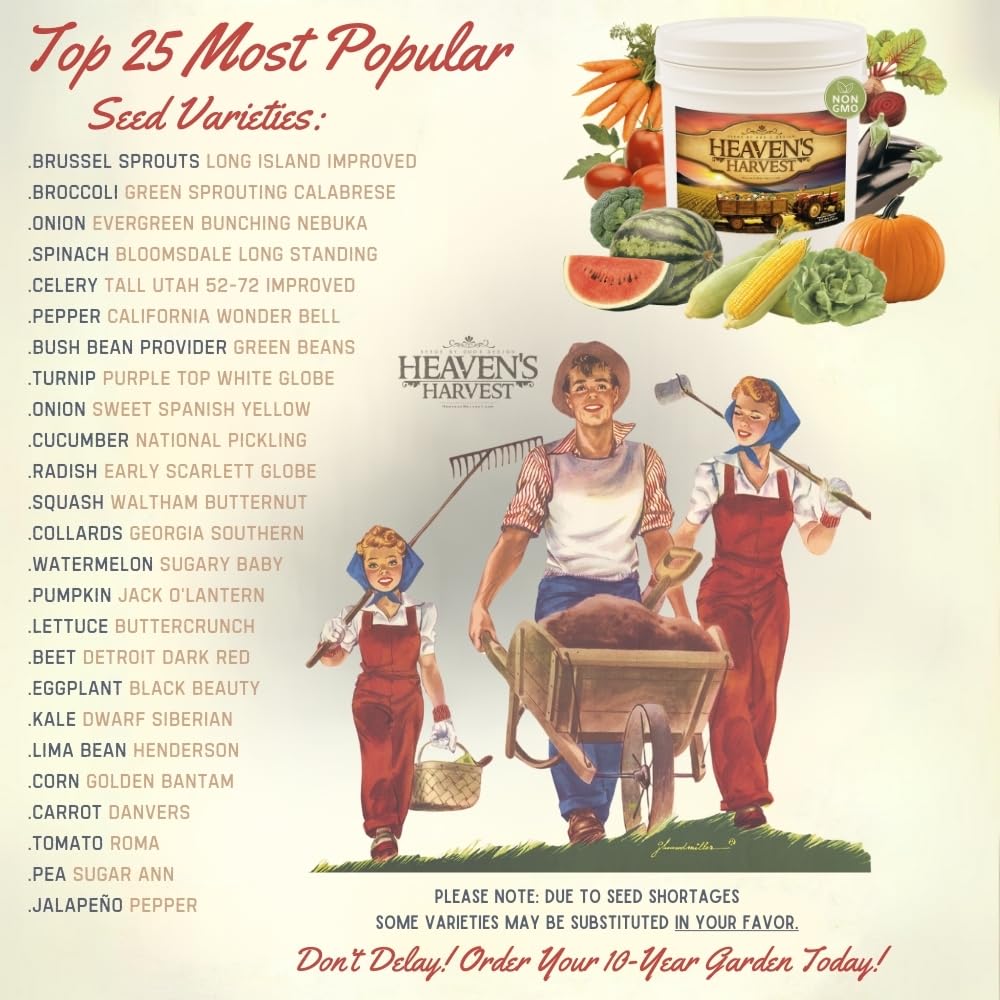 Heaven’s Harvest - 10 Year Survival Or Homestead Garden | 25k+ Heirloom Vegetable Seed Bank Kit | Includes Free Clyde’s Garden Planner & Seed Vault Storage Drum | Non-GMO