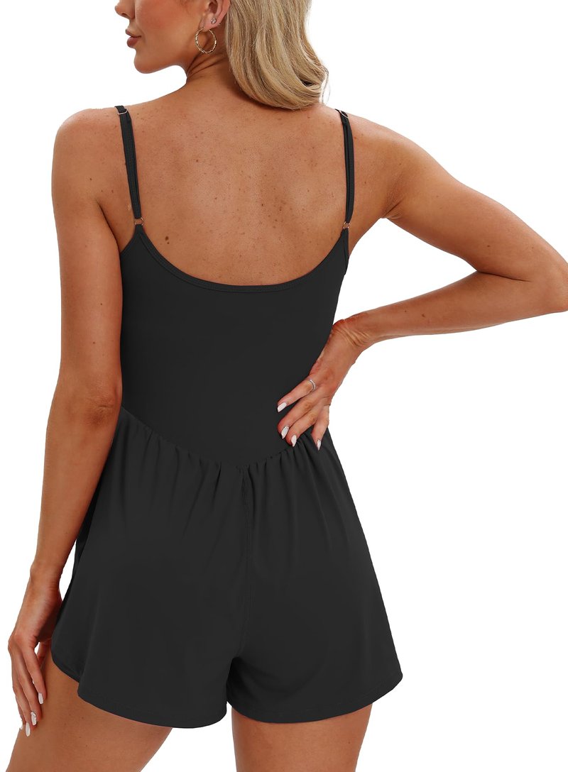 Beaully Women's Summer One Piece Sleeveless Rompers Spaghetti Strap Double Lined Shorts Overalls Jumpsuit 6110 Black M