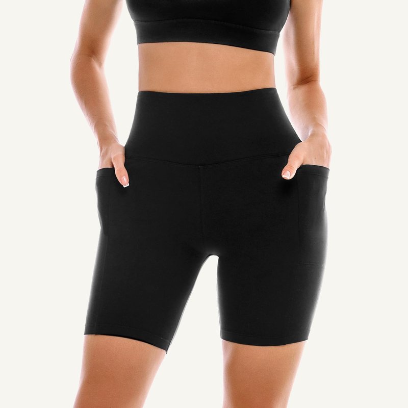 Leafigure 2 Pack Womens Biker Shorts with Pockets, High Waisted Tummy Control Yoga Shorts for Women Running Gym and Workout Black/Pink L-XL
