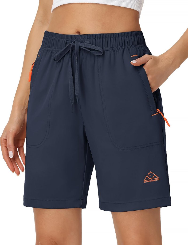 Rdruko Women's Hiking Shorts 8" Quick Dry Lightweight Water Resistant Outdoor Travel Shorts with Pockets, Navy Blue, L