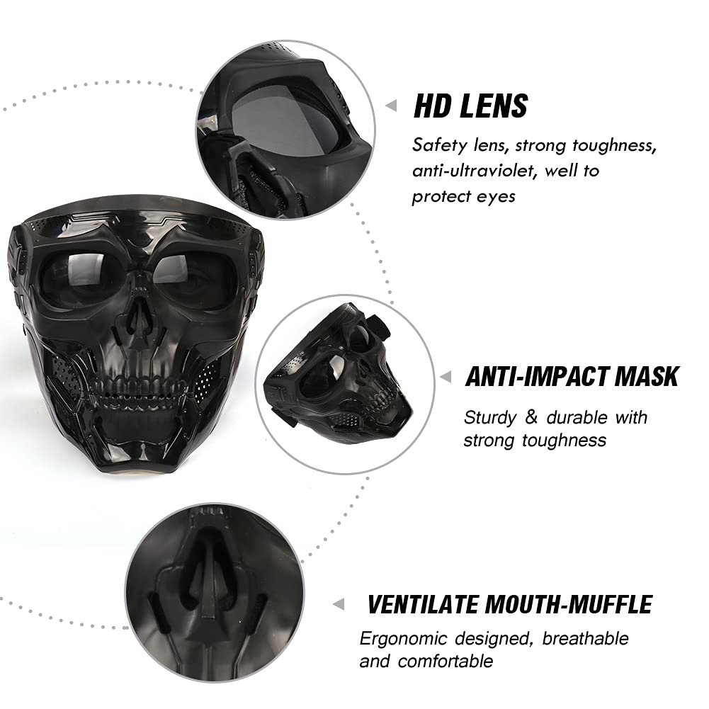 Outamateur Motorcycle Skull Goggle Mask Riding Goggles Safety Road Riding UV Motorbike Glasses for Riding/Skiing/Snowing/Motorcycling/Halloween (Grey Lens)
