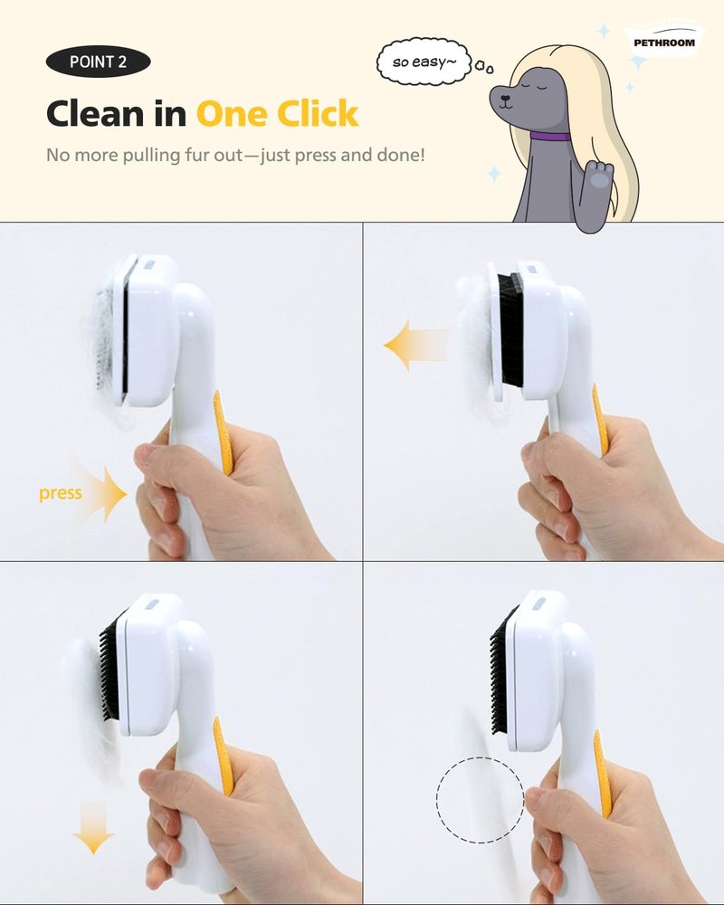 PETHROOM Self-Cleaning Slicker Brush for Dogs & Cats – Gentle Grooming & Deshedding Tool, Removes Mats & Tangles, Skin-Friendly Coated Tips, One-Touch Hair Removal Button