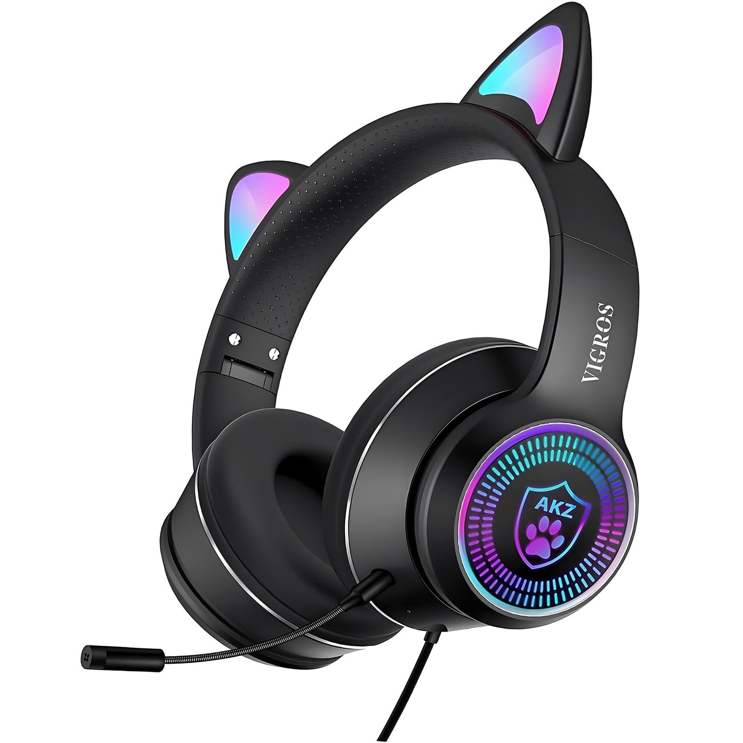 Cat Ear Gaming Headphones Wired AUX 3.5mm with LED Light, VIGROS Flashing Stereo Game Headphones Surround Sound Over-Ear Headsets with Microphone Fit Kids & Adult for PC, PS4, Switch, Mobile, Laptop