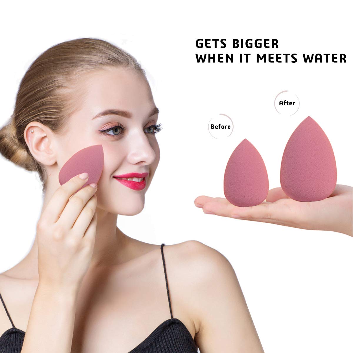 8Pcs Makeup Sponges Set- 7Pcs Beauty Sponge Blenders and 1 Bottle 1 Holder for Blending Foundation, Cream and Powder (Pink, Metal Holder-Can Packaging)