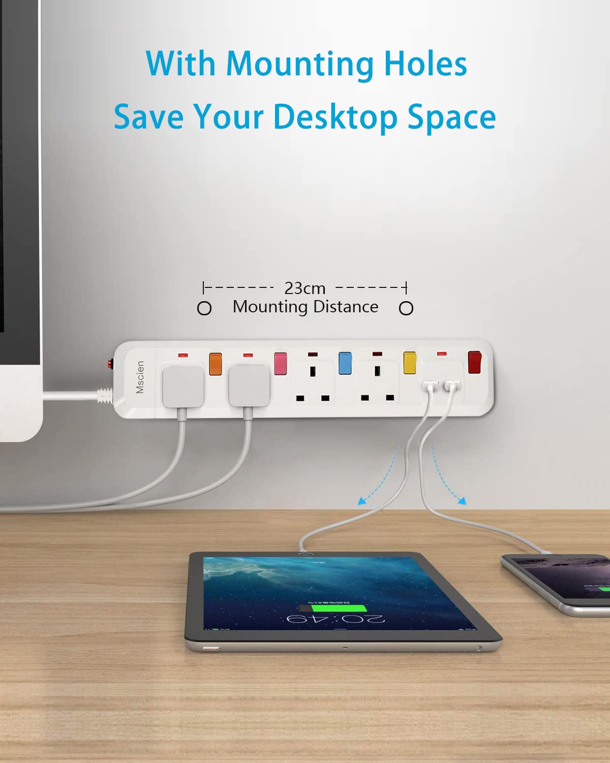 Extension Lead with USB Slots 3M,Mscien 4 Way Sockets Individually Switched Power Extension with Surge Protection, Overload Protecton,Cicurit protection,Wall Mountable Extension Cord