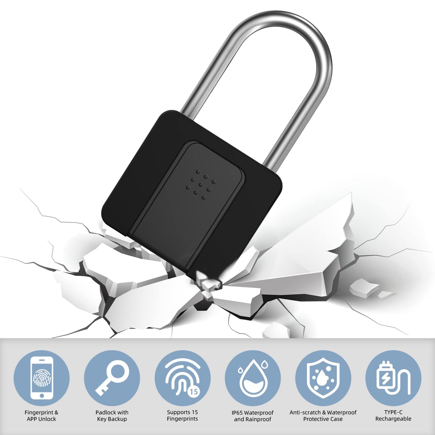 Fingerprint Padlock, Eseesmart Long Shackle Smart Padlock Bluetooth Lock with Mobile APP Outdoor Waterproof Lock with Protective Case for School Gym Locker, Fence, Gate, Toolbox