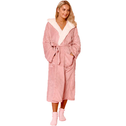 Sienna Hooded Dressing Gowns for Women UK Super Soft Flannel Fleece Sherpa Lined Fluffy Mens Luxurious Comfy Cosy Bathrobe - Blush Pink