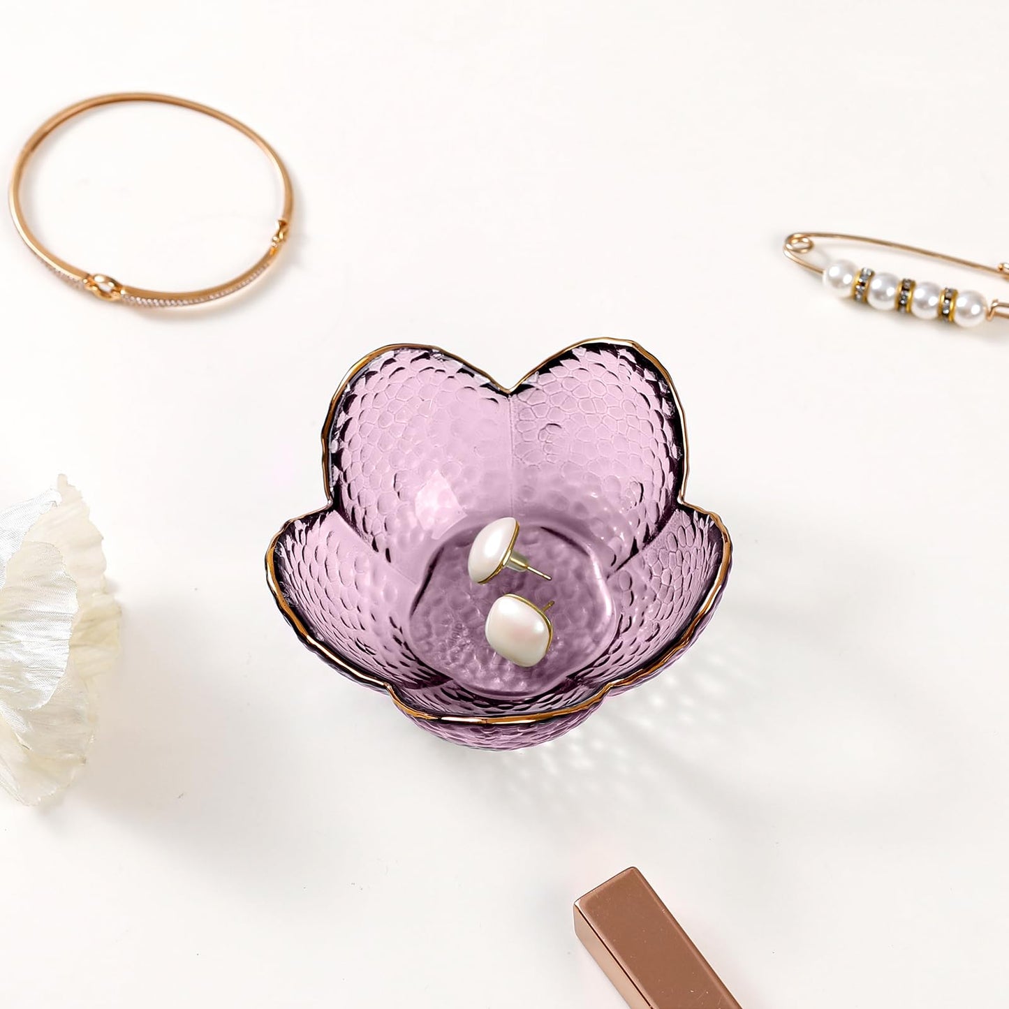 Purple Flower Jewelry Dish Glass Ring Holder Dish Jewelry Tray Cute Vanity Organizer Aesthetic Nightstand Bathroom Room Decor Trinket Dish Valentine's Friendship Christmas Birthday Gifts for Women