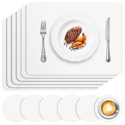 APLKER Placemats and Coasters Set of 6, Heat Insulation PU Leather Table Mats Non-Slip Washable Waterproof Kitchen Dining Place Mats for Home Restaurant Hotel - White