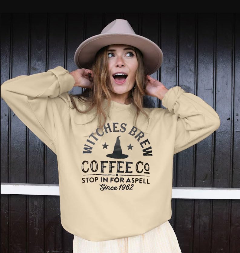 Halloween Sweatshirts for Women Witches Brew Sweatshirt Funny Spooky Season Sweatshirt Ghost Fall Sweater Pullover Tops Apricot