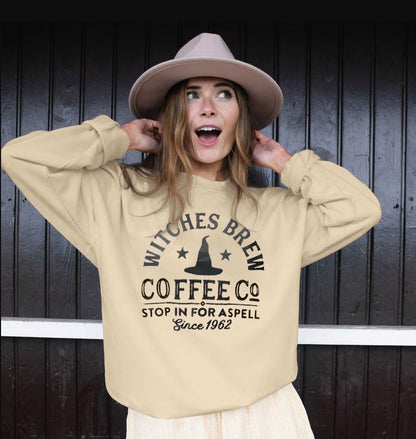 Halloween Sweatshirts for Women Witches Brew Sweatshirt Funny Spooky Season Sweatshirt Ghost Fall Sweater Pullover Tops Apricot