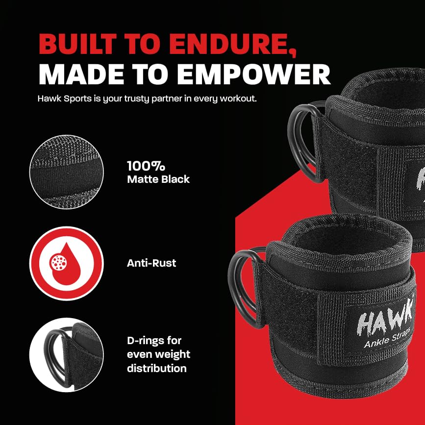 Hawk Sports Black - Ankle Straps for Cable Machines Women - Leg Cable Attachments for Gym - Leg Extension Strap
