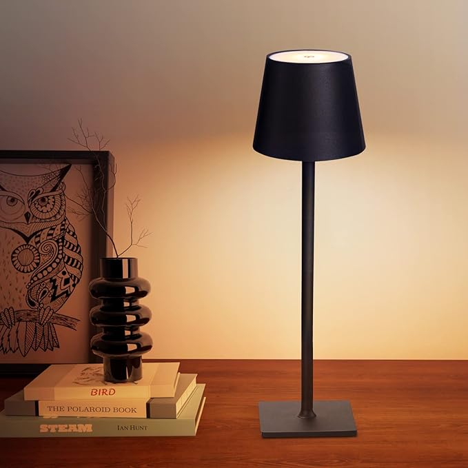 Cordless Table Lamps, 3 Colors Stepless Dimming, 5000mAh Rechargeable Battery LED Desk Lamp for Bedroom/Couple Dinner/Desk/Cafe/Dining Room/Terrace (Black)