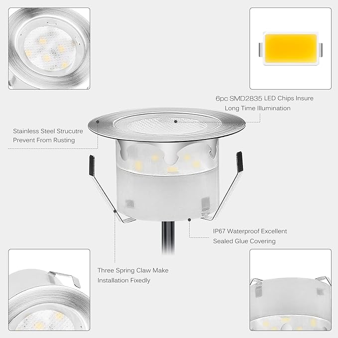 Deck Lights Outdoor Waterproof Low Voltage Lighting Kit Stainless Steel 1W Outdoor Yard Garden Decoration Lamps Landscape Pathway Patio Step Stairs Silver Border(10pcs,Cool White)