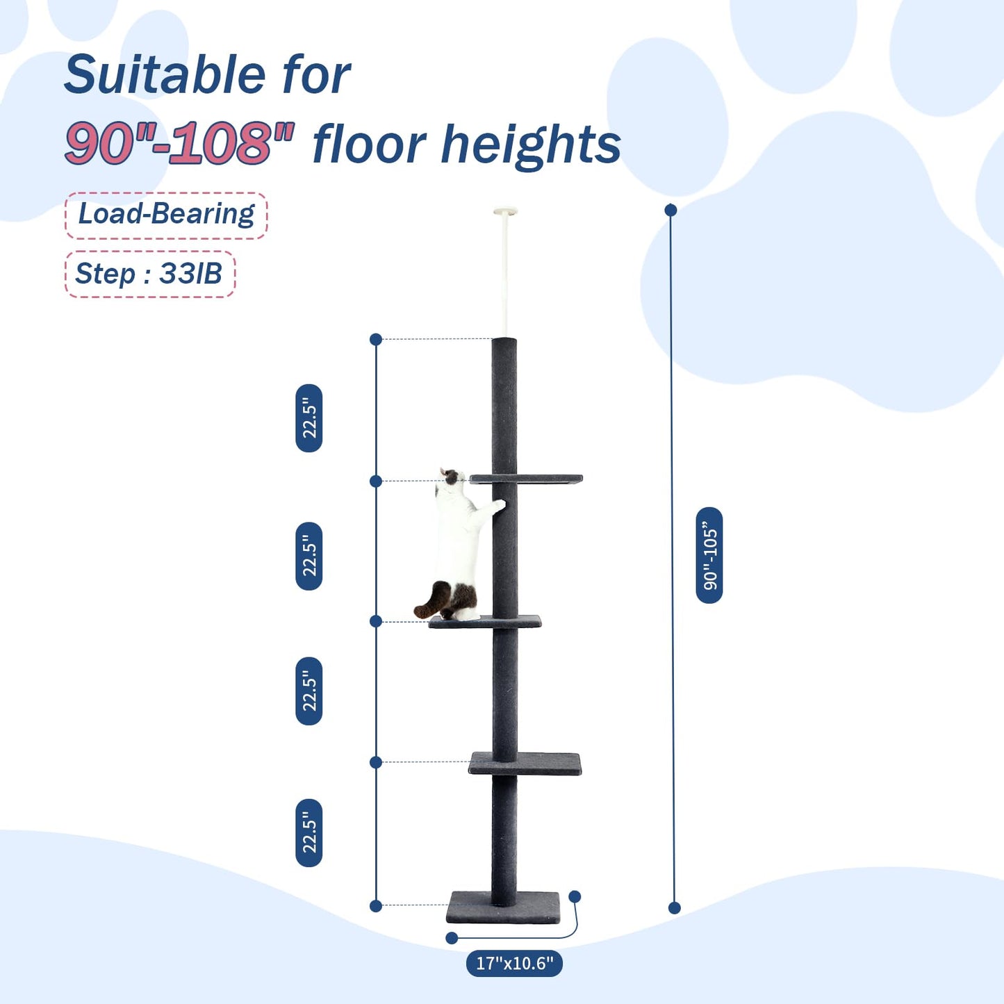 Cat Craft Cat Tree Floor to Ceiling 95-108" Tall Cat Tree Carpet Cat Tower Kitten Tree Sisal Scratching Post and Mat Cat Pole for Indoor Cats, Charcoal, Style A