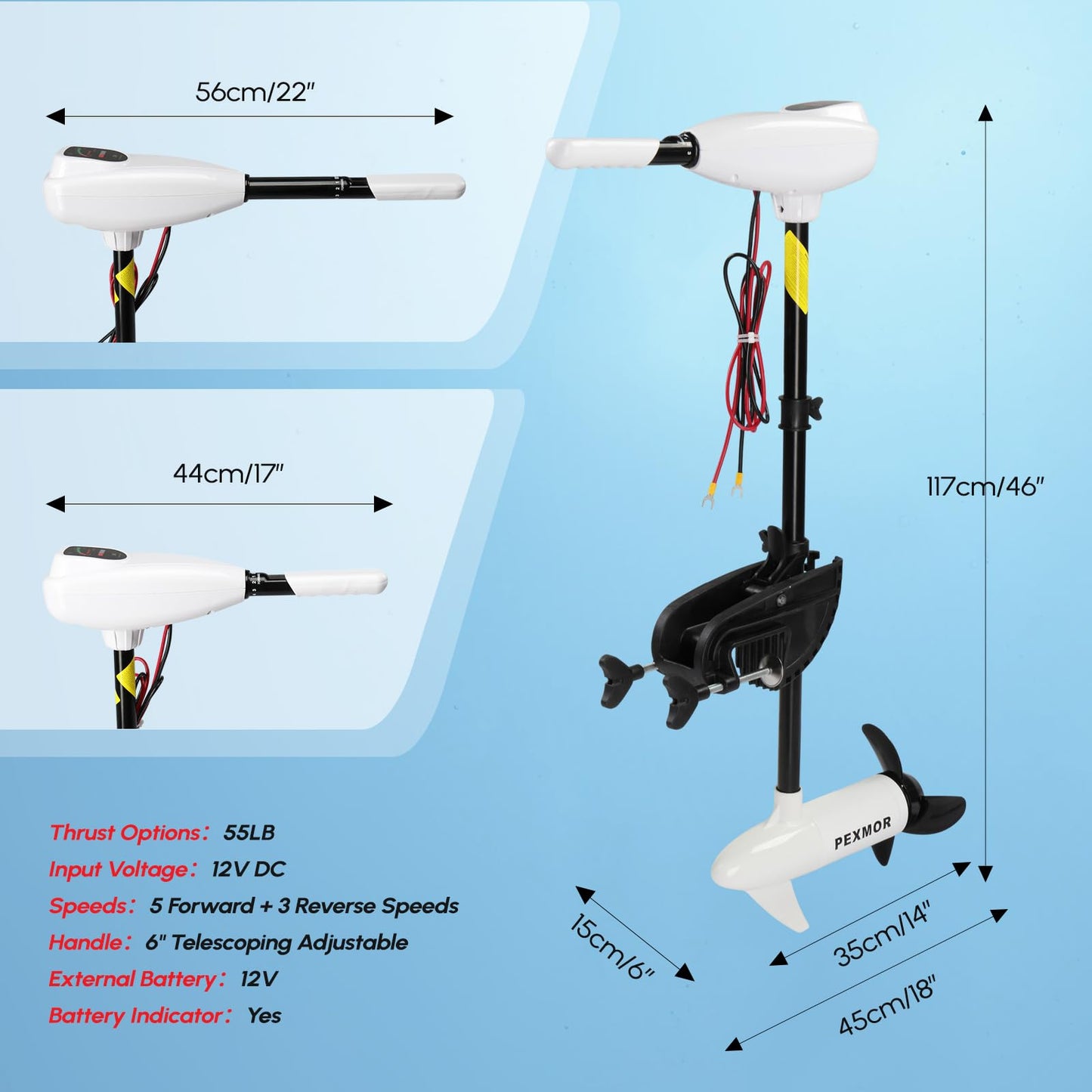 PEXMOR 8 Speed 55LB Electric Trolling Motor, Electric Outboard Boat Motor w/Adjustable Handle & LED Indicator, Transom Mounted for Saltwater, Kayak, Fishing Boat (Off-White, 55LBS)
