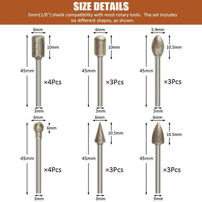 Diamond Drill Grinding Bit Set, Stone Carving Rotary Tools Polishing Kits Diamond-Coated with 1/8-inch Shank Universal Fitment for Stone Glass Ceramics